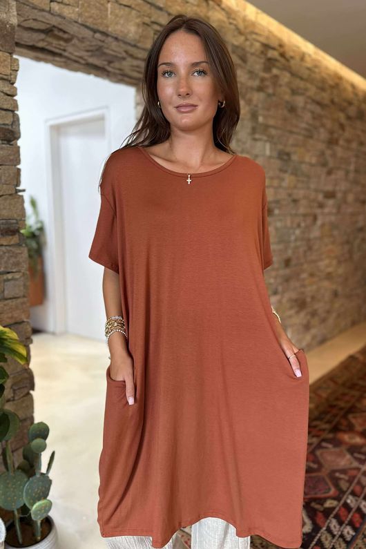 Made in Italy Perfect Pocketed T Shirt Dress Rust /45 =